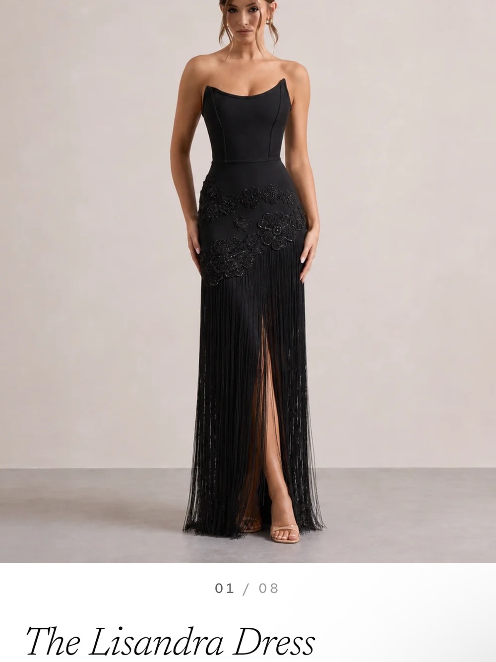Lisandra Strapless Fringe Evening Gown — Black